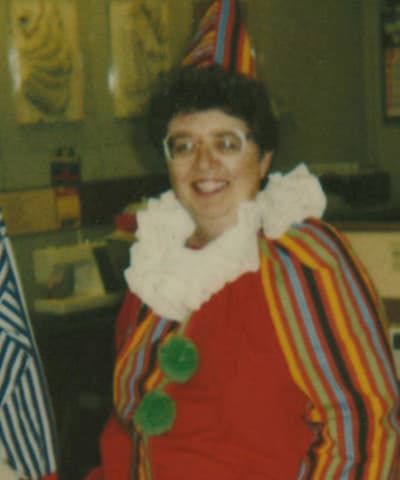 Merrilyn dressed as a clown for Halloween (1991)